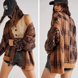 Free People Sepia Plaid Cardigan Sweater Birchwood Brown S